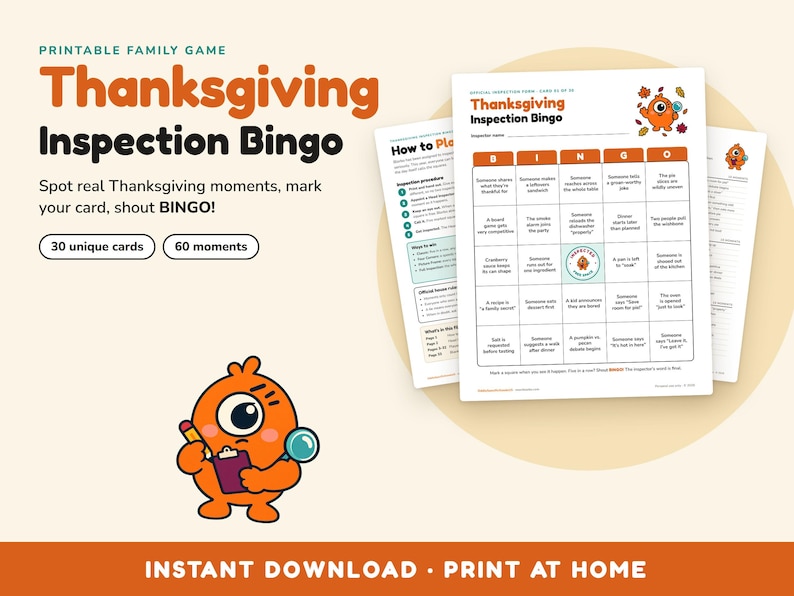 Bingo del Ringraziamento stampabile, 30 cartelle uniche, divertente gioco per la cena in famiglia, bingo "trova il momento giusto" per bambini e adulti, download immediato in PDF. immagine 1
