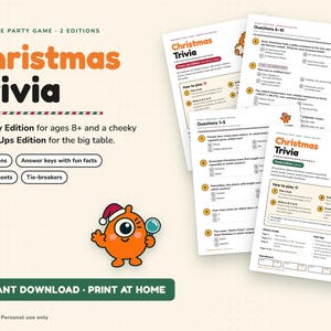 Printbaar kerstquizspel, familie- en volwassenenversie, 60 vragen met antwoorden, voor kinderen en volwassenen, leuk spel voor een kerstfeest. afbeelding 1
