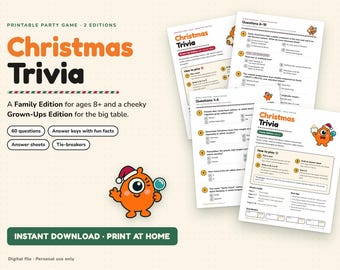 Gioco a quiz di Natale stampabile, edizione per famiglie e adulti, 60 domande con soluzioni, per bambini e adulti, gioco per feste natalizie