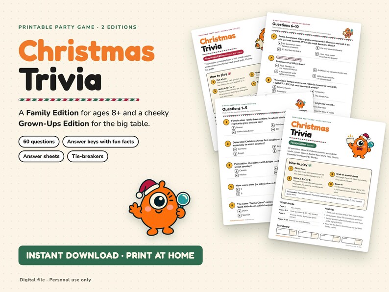 Printbaar kerstquizspel, familie- en volwassenenversie, 60 vragen met antwoorden, voor kinderen en volwassenen, leuk spel voor een kerstfeest. afbeelding 1