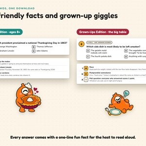 May include: A digital game sheet titled Kid-friendly facts and grown-up giggles with two sections: Family Edition and Grown-Ups Edition. It features multiple-choice trivia questions about Thanksgiving, answer keys with fun facts, and two orange monster illustrations.