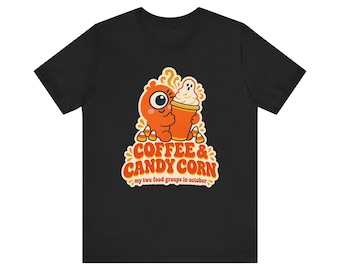 Coffee & Candy Corn Halloween Tee, Fall Ghost Latte Shirt (100% Cotton)