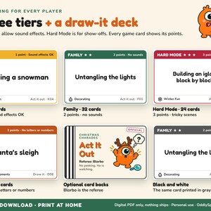 Gioco di mimo natalizio stampabile, 120 carte da mimare e disegnare, modalità difficile per bambini e famiglie, gioco per feste natalizie, download immediato in PDF immagine 5