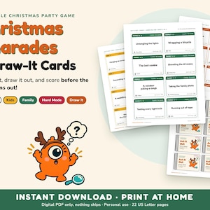 Gioco di mimo natalizio stampabile, 120 carte da mimare e disegnare, modalità difficile per bambini e famiglie, gioco per feste natalizie, download immediato in PDF immagine 1