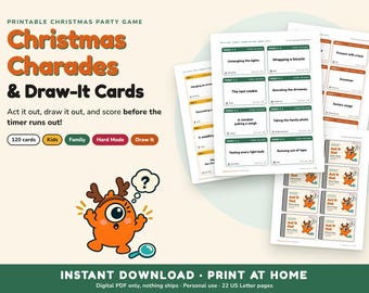Printbaar kerstspel met charades, 120 speel- en tekenkaarten, moeilijkheidsgraad 'Hard' voor kinderen en het hele gezin, spel voor kerstfeestjes, direct te downloaden als PDF.