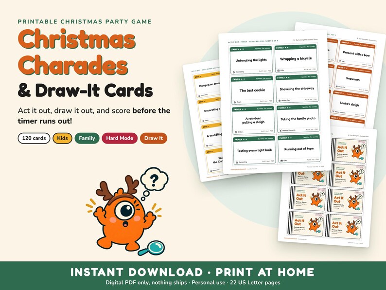Gioco di mimo natalizio stampabile, 120 carte da mimare e disegnare, modalità difficile per bambini e famiglie, gioco per feste natalizie, download immediato in PDF immagine 1