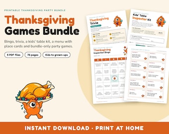 Thanksgiving Games Bundle Printable, Bingo, Trivia, Kids Table Activity Pack, Menu and Place Cards, Family Party Games, Instant PDF