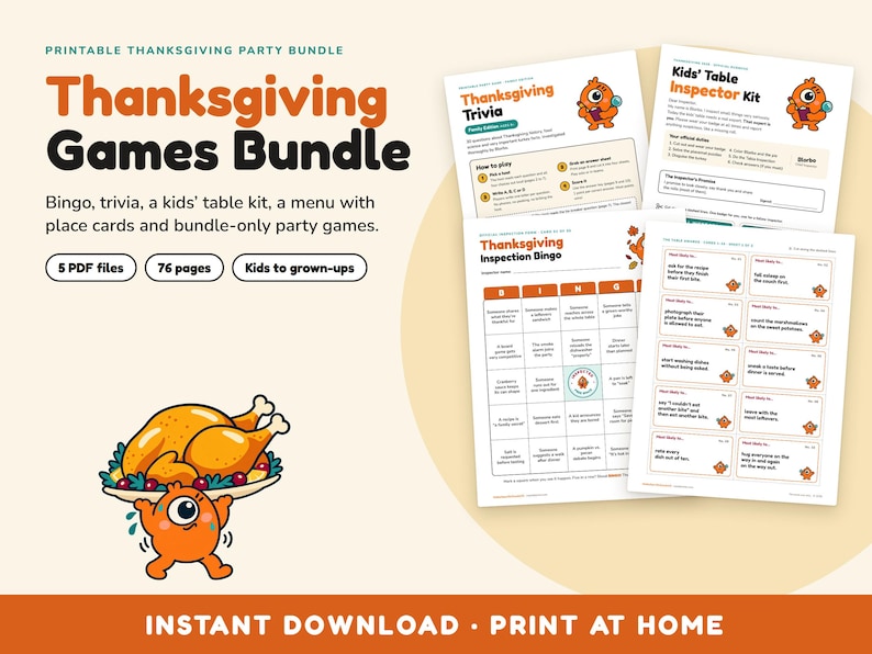 Thanksgiving Games Bundle: Bingo, Trivia, Kids Table Kit, Menu, Place Cards (PDF) image 1