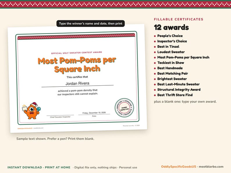 Ugly Sweater Contest Kit Printable, Voting Ballots, Fillable Award Certificates, Judges Scorecard, Office Christmas Party Game, Instant PDF imagem 5