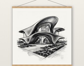 Parametric Architecture Print, Futuristic Curved House Wall Art, Charcoal Drawing Print, Museum Quality Matte Poster with Hanger