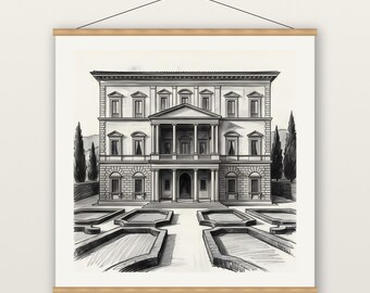 Italian Renaissance Palazzo Print, Classical Stone Facade Wall Art, Charcoal Drawing Print, Museum Quality Matte Poster with Hanger
