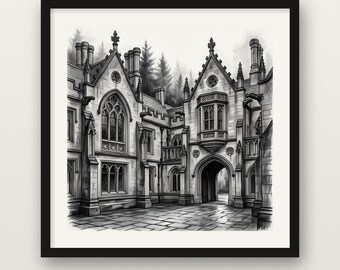Gothic Manor House Print, Medieval Woodland Estate Wall Art, Charcoal Drawing Print, Wooden Framed Poster, Museum Quality Matte