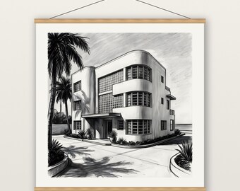 Art Deco Beach House Print, Streamline Moderne Wall Art, Charcoal Drawing Print, Museum Quality Matte Poster with Hanger, Miami Beach Decor