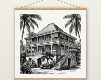 Caribbean Great House Print, West Indies Veranda Wall Art, Charcoal Drawing Print, Museum Quality Matte Poster with Hanger, Tropical Decor