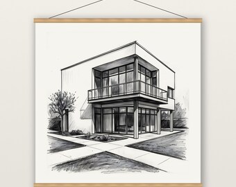 Bauhaus House Print, Modernist White Cube Wall Art, Charcoal Drawing Print, Museum Quality Matte Poster with Hanger, Minimalist Decor