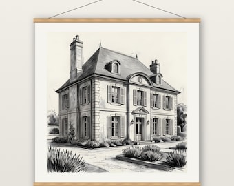 French Provincial Manor Print, French Country House Wall Art, Charcoal Drawing Print, Museum Quality Matte Poster with Hanger