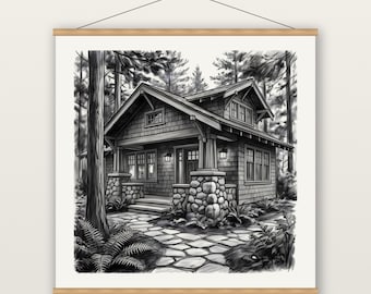 Craftsman Bungalow Print, Arts and Crafts House Wall Art, Charcoal Drawing Print, Museum Quality Matte Poster with Hanger, Craftsman Decor