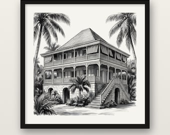 Caribbean Great House Print, West Indies Veranda Wall Art, Charcoal Drawing Print, Wooden Framed Poster, Museum Quality Matte