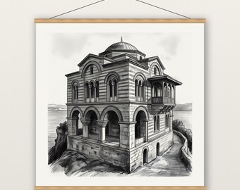 Byzantine Domed Manor Print, Banded Brick Villa Wall Art, Charcoal Drawing Print, Museum Quality Matte Poster with Hanger