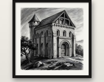 Romanesque Fortress House Print, Medieval Stone Manor Wall Art, Charcoal Drawing Print, Wooden Framed Poster, Museum Quality Matte