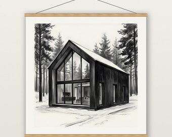 Scandinavian Modern House Print, Black Nordic Cabin Wall Art, Charcoal Drawing Print, Museum Quality Matte Poster with Hanger, Scandi Decor