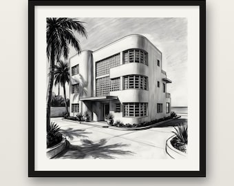 Art Deco Beach House Print, Streamline Moderne Wall Art, Charcoal Drawing Print, Wooden Framed Poster, Museum Quality Matte