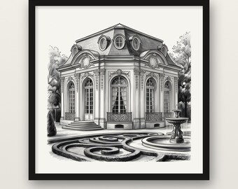 Rococo Chateau Print, French Garden Pavilion Wall Art, Charcoal Drawing Print, Wooden Framed Poster, Museum Quality Matte, Parisian Decor