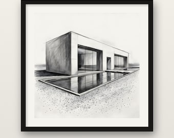 Minimalist White House Print, Modern Monolith Wall Art, Charcoal Drawing Print, Wooden Framed Poster, Museum Quality Matte