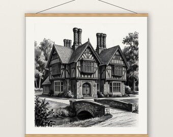 Tudor House Print, Half Timbered English Manor Wall Art, Charcoal Drawing Print, Museum Quality Matte Poster with Hanger
