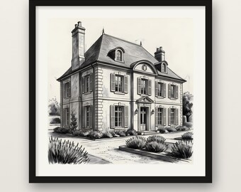 French Provincial Manor Print, French Country House Wall Art, Charcoal Drawing Print, Wooden Framed Poster, Museum Quality Matte