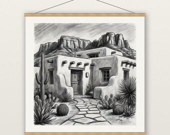 Pueblo Revival House Print, Southwest Adobe Wall Art, Charcoal Drawing Print, Museum Quality Matte Poster with Hanger, Santa Fe Decor
