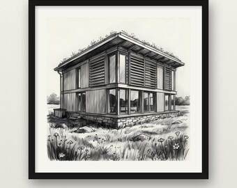 Eco Green Roof House Print, Sustainable Home Wall Art, Charcoal Drawing Print, Wooden Framed Poster, Museum Quality Matte, Architect Gift