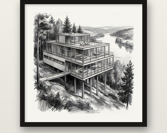 Modernist Glass House Print, International Style Wall Art, Charcoal Drawing Print, Wooden Framed Poster, Museum Quality Matte