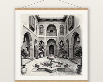 Moroccan Riad Courtyard Print, Zellige Fountain Wall Art, Charcoal Drawing Print, Museum Quality Matte Poster with Hanger, Boho Decor