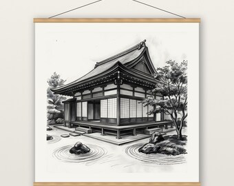 Japanese Zen House Print, Shoji and Moss Garden Wall Art, Charcoal Drawing Print, Museum Quality Matte Poster with Hanger, Japandi Decor