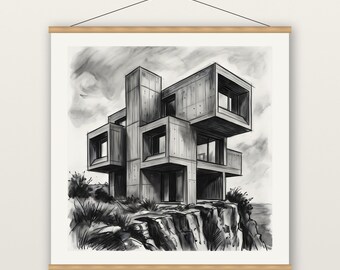 Brutalist House Print, Concrete Architecture Wall Art, Charcoal Drawing Print, Museum Quality Matte Poster with Hanger, Modern Decor