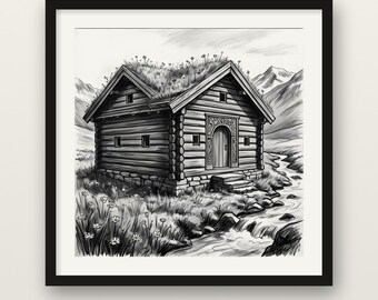 Scandinavian Log Cabin Print, Grass Sod Roof Wall Art, Charcoal Drawing Print, Wooden Framed Poster, Museum Quality Matte, Nordic Decor