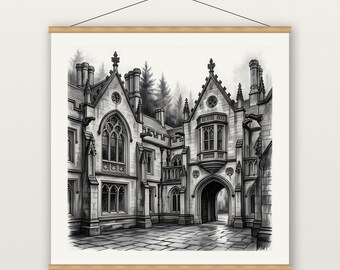 Gothic Manor House Print, Medieval Woodland Estate Wall Art, Charcoal Drawing Print, Museum Quality Matte Poster with Hanger