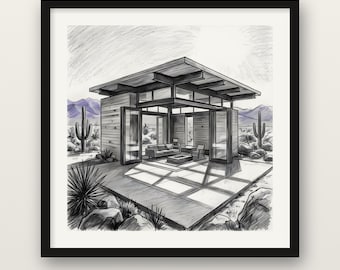 Desert Modern House Print, Palm Springs Style Wall Art, Charcoal Drawing Print, Wooden Framed Poster, Museum Quality Matte