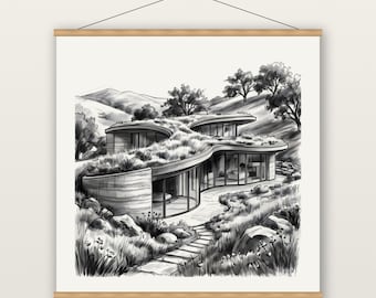 Organic Modern House Print, Green Roof Hillside Wall Art, Charcoal Drawing Print, Museum Quality Matte Poster with Hanger, Neutral Decor