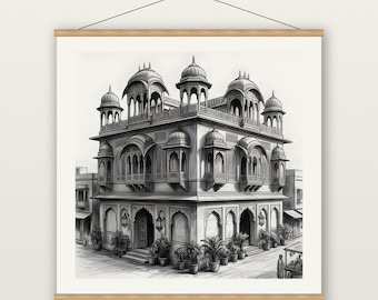 Rajasthani Haveli Print, Indian Sandstone Architecture Wall Art, Charcoal Drawing Print, Museum Quality Matte Poster with Hanger