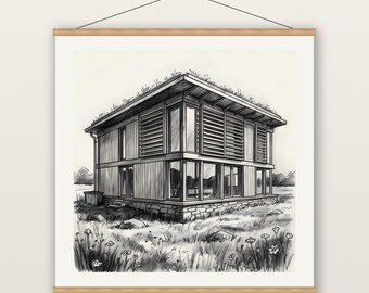 Eco Green Roof House Print, Sustainable Home Wall Art, Charcoal Drawing Print, Museum Quality Matte Poster with Hanger, Architect Gift