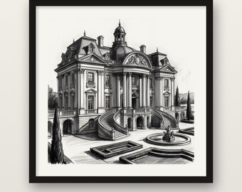 Baroque Manor House Print, Grand Staircase Palace Wall Art, Charcoal Drawing Print, Wooden Framed Poster, Museum Quality Matte