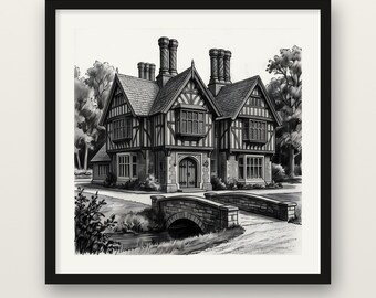 Tudor House Print, Half Timbered English Manor Wall Art, Charcoal Drawing Print, Wooden Framed Poster, Museum Quality Matte
