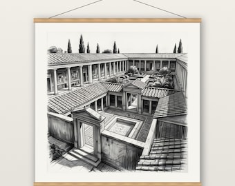 Roman Villa Print, Atrium Garden Domus Wall Art, Charcoal Drawing Print, Museum Quality Matte Poster with Hanger, Classical History Decor