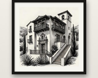 Spanish Revival Home Print, White Stucco Hacienda Wall Art, Charcoal Drawing Print, Wooden Framed Poster, Museum Quality Matte