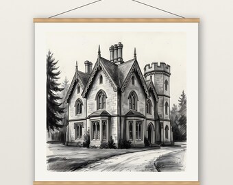 Gothic Revival House Print, Woodland Country Estate Wall Art, Charcoal Drawing Print, Museum Quality Matte Poster with Hanger