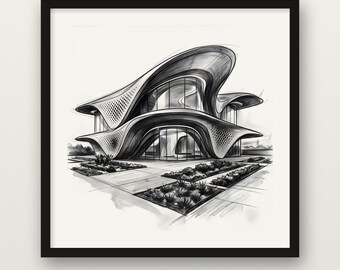 Parametric Architecture Print, Futuristic Curved House Wall Art, Charcoal Drawing Print, Wooden Framed Poster, Museum Quality Matte