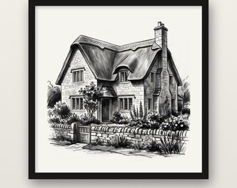 Thatched Cotswold Cottage Print, Cottage Garden Wall Art, Charcoal Drawing Print, Wooden Framed Poster, Museum Quality Matte