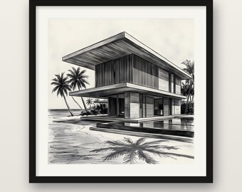 Modern Beach House Print, Tropical Infinity Pool Wall Art, Charcoal Drawing Print, Wooden Framed Poster, Museum Quality Matte, Coastal Decor